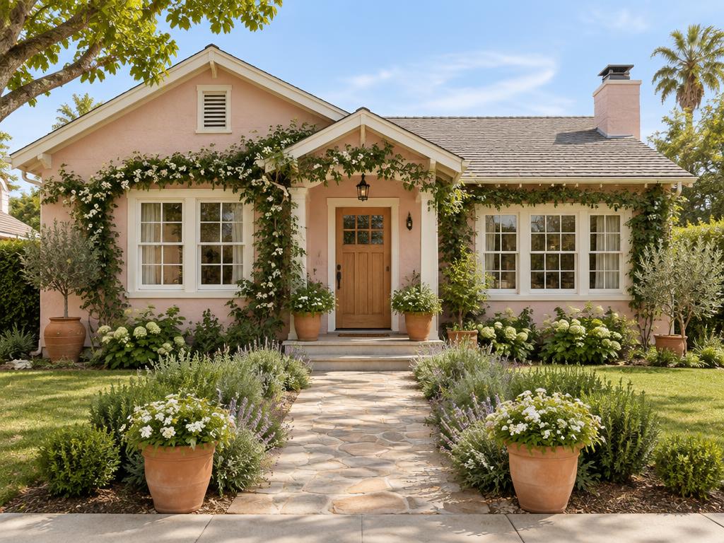Blush pink cottage with natural wood details and a welcoming flower-filled garden